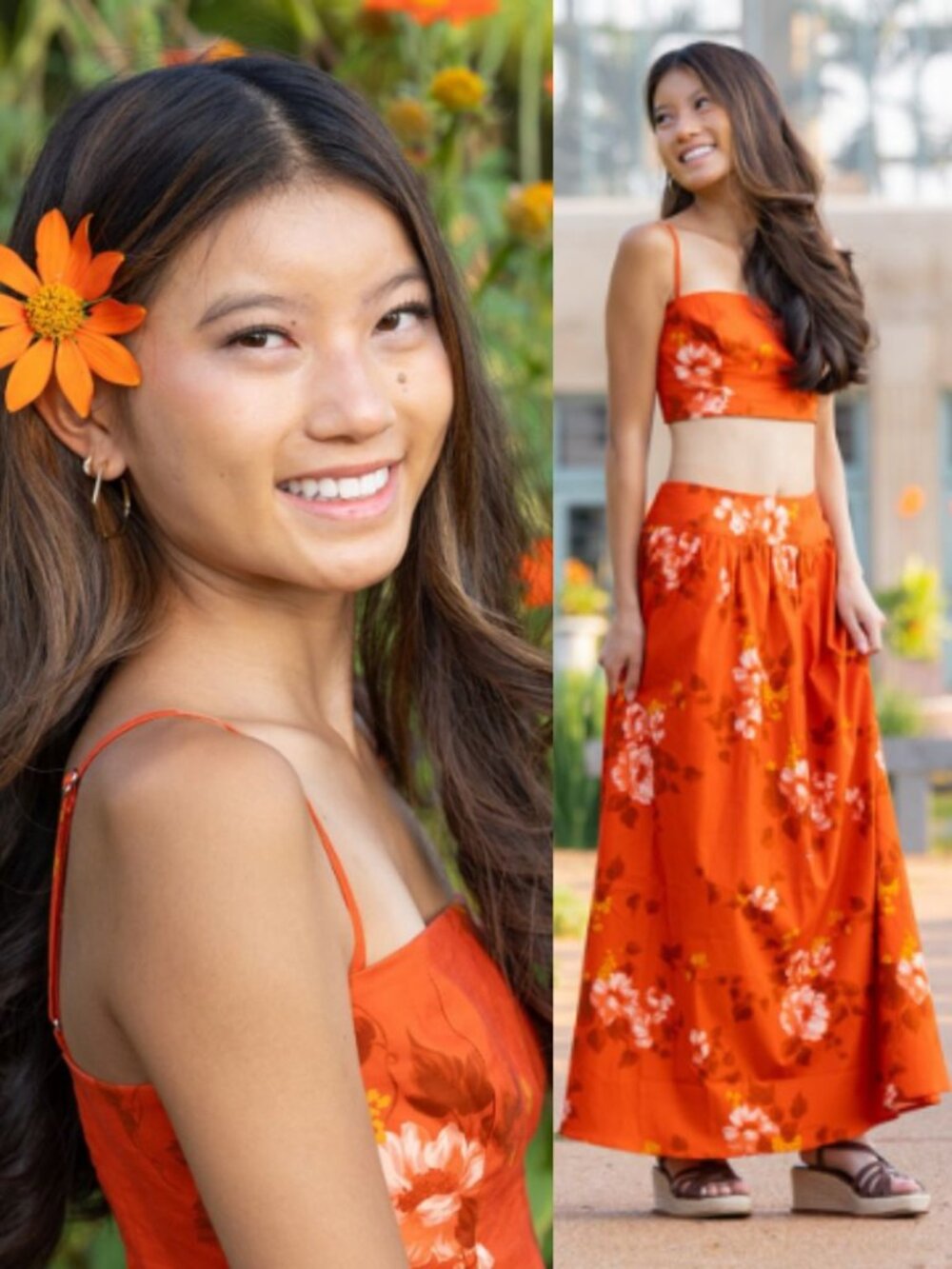 Reformation Amor Two Piece Set Coral Bloom Orange Floral Top Skirt Size 4 - Picture 12 of 13